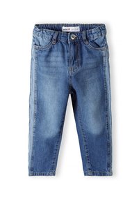 Jeans infantiles de denim en azul claro, con un acabado desgastado, diseño clásico de cinco bolsillos y cierre de botón en la cintura.