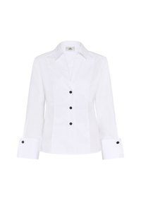 Bijela košulja dugih rukava s ovratnikom. Ima crne gumbe duž prednje strane i na rubovima rukava, s krojem koji se prilagođava tijelu i glatkom teksturom.