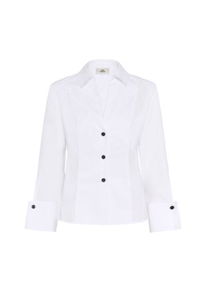 Valkoinen pitkähihaista paitaa, jossa on kaulus. Edessä mustat napit, sekä hihansuissa, räätälöity muotoilu ja sileä pinta.