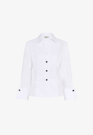 Weißes Langarmhemd mit Kragen. Verfügt über schwarze Knöpfe entlang der Front und an den Manschetten, hat eine taillierte Passform und eine glatte Textur.