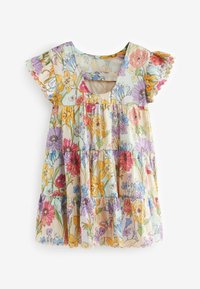 Abito floreale con scollatura quadrata, maniche corte con volant, design a strati e una palette di colori pastello con vari motivi floreali.