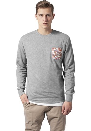 Grau Sweatshirt aus Baumwollmischung mit langen Ärmeln und einer kontrastierenden gemusterten Tasche in Rot, Blau und Weiß.