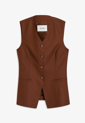 Gilet marrone senza maniche, sagomato, con quattro bottoni frontali, due tasche a filetto e colletto a V.