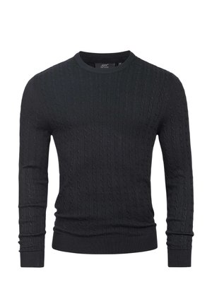 Schwarzer gestrickter Pullover mit einem Zopfmuster, Rundhalsausschnitt, langen Ärmeln sowie gerippten Bündchen und Saum. Weiche Textur und figurnahes Design.