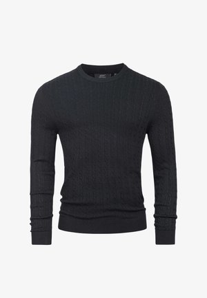Sort strikket sweater med et kabelmønster, rund hals, lange ærmer og ribbede manchetter og bund. Blød tekstur og tætsiddende design.