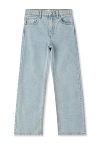 Jasnoniebieskie dżinsy typu straight-leg z wysokim stanem, pięcioma kieszeniami i przeszyciami. Materiał ma lekko wytarty wygląd.