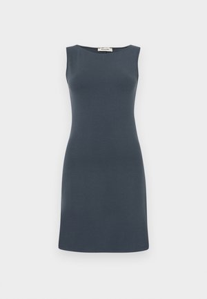 Sleeveless dress in dark gray, made of smooth fabric. Features a fitted silhouette with a slight A-line cut and round neckline.