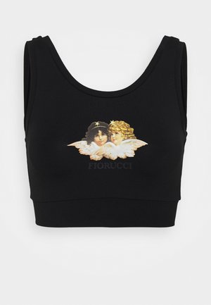 Sort kort bh-top i blødt stof med grafik af to engle med vinger, der viser guldaccents og teksten "Fiorucci."