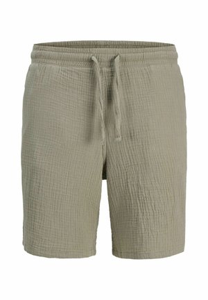 Shorts texturés pour hommes en vert olive, dotés d'une ceinture élastique avec cordon de serrage, offrant une coupe ample et un tissu respirant.