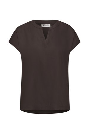 Dunkelbraune Bluse mit kurzen Ärmeln, geteiltem Rundhalsausschnitt und schlichtem, sauberem Design von Street One.