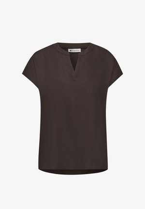Dunkelbraune Bluse mit kurzen Ärmeln, geteiltem Rundhalsausschnitt und schlichtem, sauberem Design von Street One.