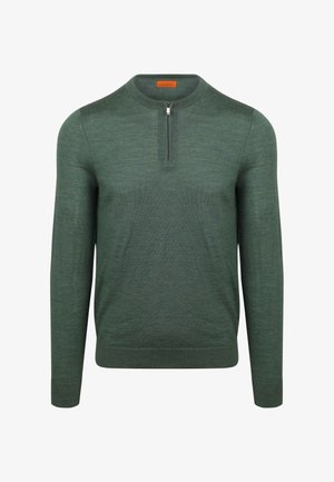 Donkergroen, lange mouwen pullover met een hoge kraag en een halve ritssluiting. Gemaakt van zacht, gestructureerd materiaal met een aansluitende pasvorm.