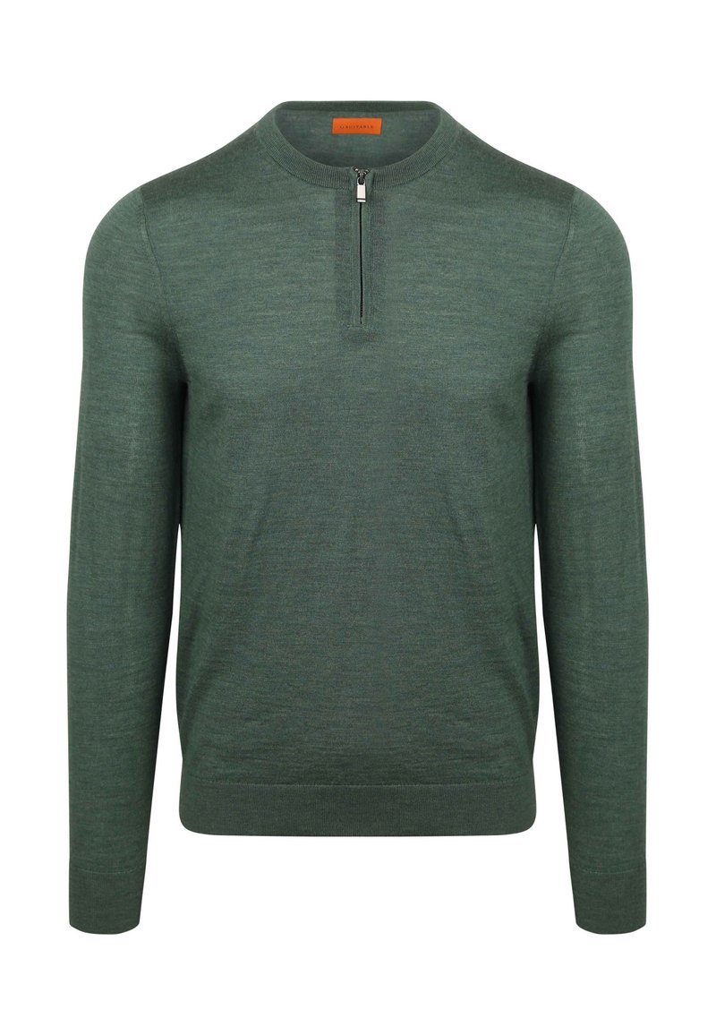 Donkergroen, lange mouwen pullover met een hoge kraag en een halve ritssluiting. Gemaakt van zacht, gestructureerd materiaal met een aansluitende pasvorm.