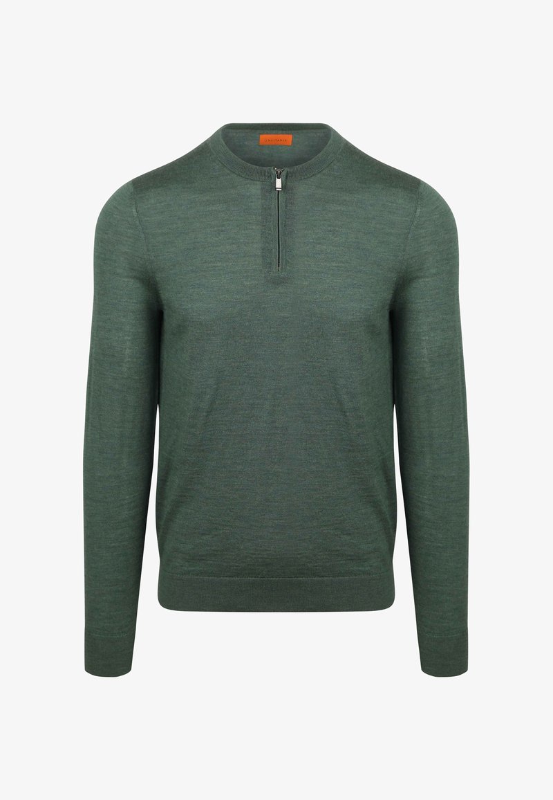 Donkergroen, lange mouwen pullover met een hoge kraag en een halve ritssluiting. Gemaakt van zacht, gestructureerd materiaal met een aansluitende pasvorm.