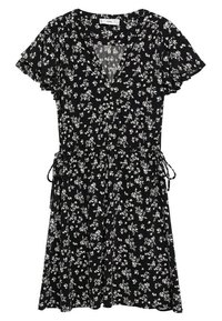 Schwarzes Kurzarmkleid mit weißem Blumenmuster, V-Ausschnitt, tailliertem Bund mit seitlichen Bändern und knielangem Saum.