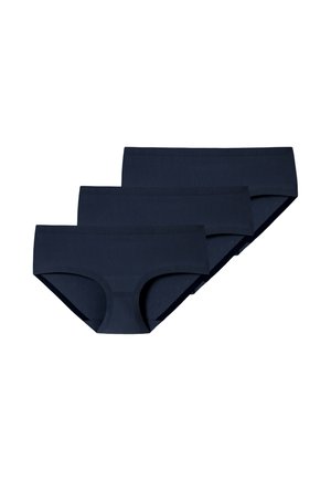 Drei schlichte, dunkelblaue nahtlose Hipster-Damenunterhosen, gestaffelt auf weißem Hintergrund angeordnet.