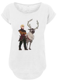 Vit t-shirt med kort ärm som har en grafik av en blond karaktär bredvid en ren, båda konturerade i svart med färger som lägger till detaljer.