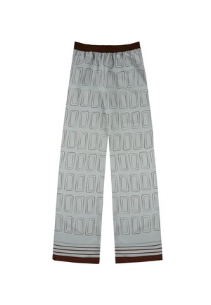 Pantalones azul claro con un patrón rectangular en todo su superficie con contornos oscuros, cinturilla elástica marrón y acentos en el dobladillo en contraste en marrón.