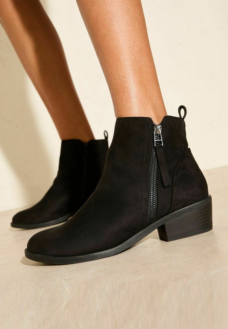 Stivaletti in suede neri con zip laterale e tacco basso. Presentano una texture liscia e un design con punta rotonda, adatti per un look casual.