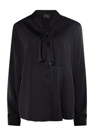 Schwarze Bluse aus glattem Stoff, mit Krawattenkragen, Knopfverschluss, langen Ärmeln und lockerer Passform.