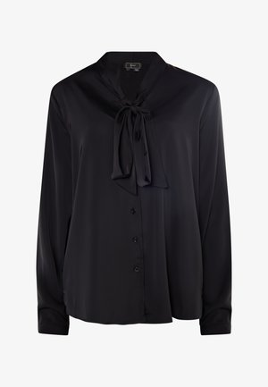 Schwarze Bluse aus glattem Stoff, mit Krawattenkragen, Knopfverschluss, langen Ärmeln und lockerer Passform.