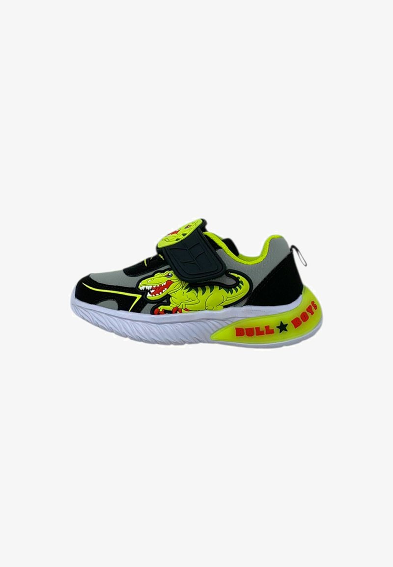 Sneaker per bambini con tomaia in tessuto nero e grigio, dettagli in verde neon, grafica di un dinosauro, strap in Velcro e suola in gomma bianca.