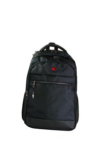 Black nylon backpack with multiple compartments, textured fabric, red accents, zippers, and a padded back. Features a top handle for carrying.
