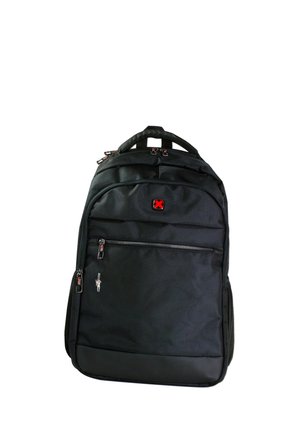 Black nylon backpack with multiple compartments, textured fabric, red accents, zippers, and a padded back. Features a top handle for carrying.