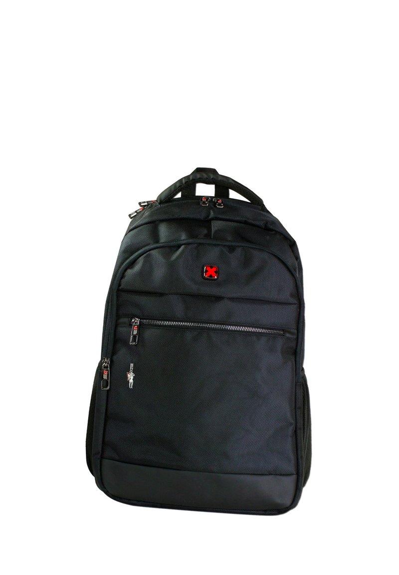 Black nylon backpack with multiple compartments, textured fabric, red accents, zippers, and a padded back. Features a top handle for carrying.