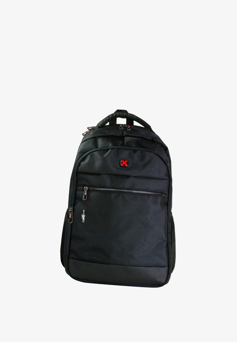 Black nylon backpack with multiple compartments, textured fabric, red accents, zippers, and a padded back. Features a top handle for carrying.