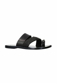 Black open-toe slide sandals featuring a woven fabric strap and a smooth, glossy leather accent. Flat rubber sole with stitching detail.