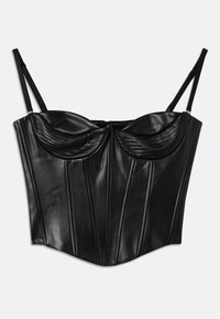 Mustmust kunstnahk corset-top, millel on polsterdatud rind, detailne õmblemine, reguleeritavad rihmad ja struktuursed õmblused, et saavutada istuv siluett.