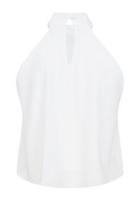 Haut blanc sans manches à col licou avec une encolure en forme de clé et une fermeture par bouton au niveau du col à l'arrière.