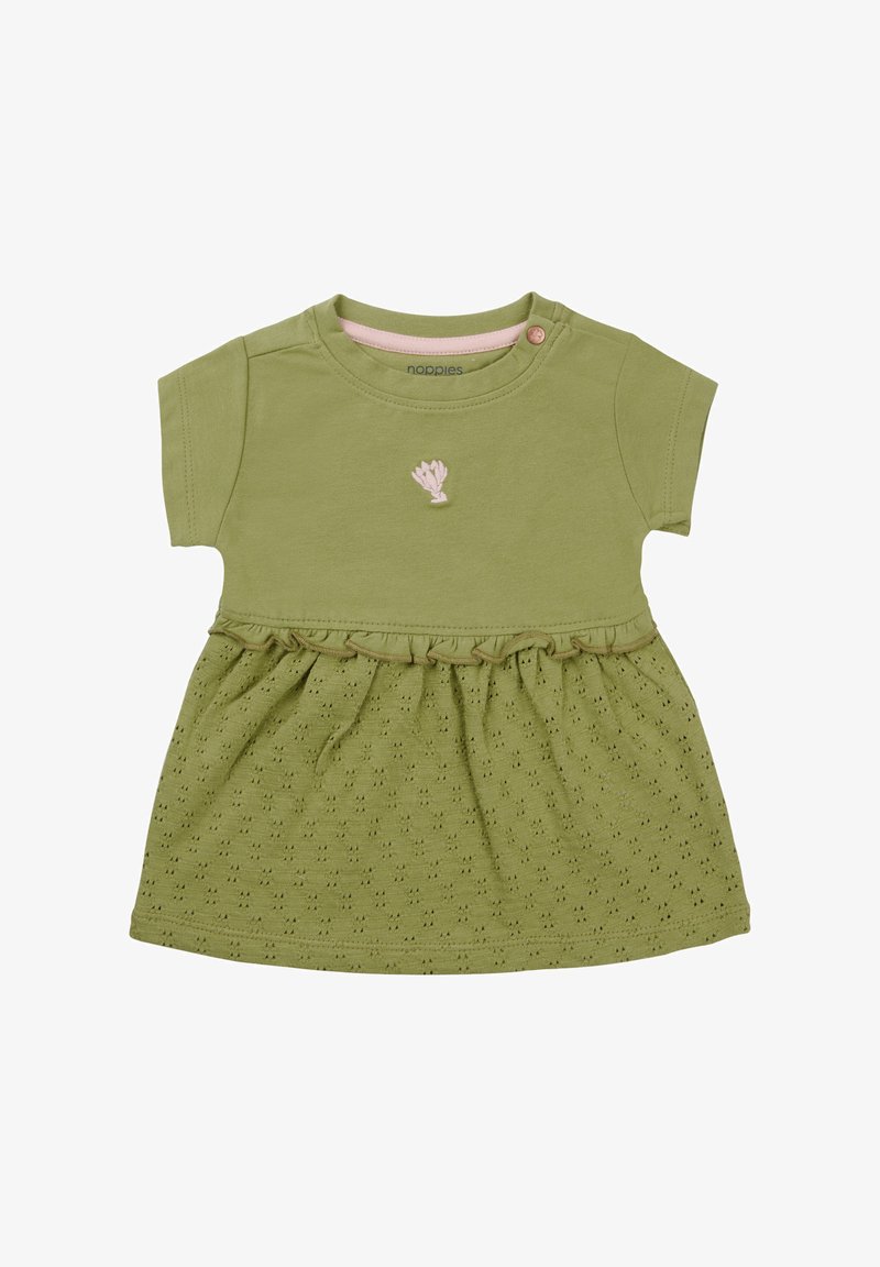 Oliwkowa sukienka z krótkim rękawem, falbaniastym dołem, wyszywanym wzorem oraz strukturalną spódnicą z ażurowymi wzorami. Zapięcie na guziki na ramieniu.