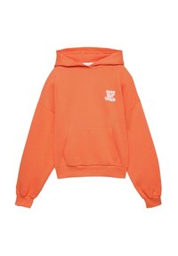 Orange hooded sweatshirt with a front pocket, loose fit, and embroidered text "Cute but Wild" in white. Soft fabric with ribbed cuffs.
