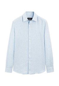 Chemise à manches longues bleu clair, en tissu texturé, avec un col pointu, une fermeture à boutons sur le devant et un ourlet arrondi.