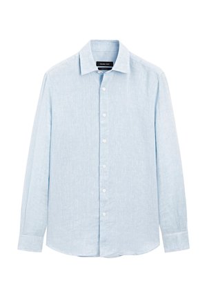 Light blue long-sleeve shirt, made of textured fabric, featuring a pointed collar, front button closure, and curved hem.