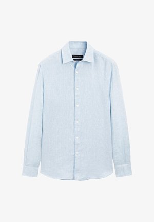 Hellblaues Langarmhemd aus strukturiertem Stoff mit spitzem Kragen, Knopfleiste und abgerundetem Saum.