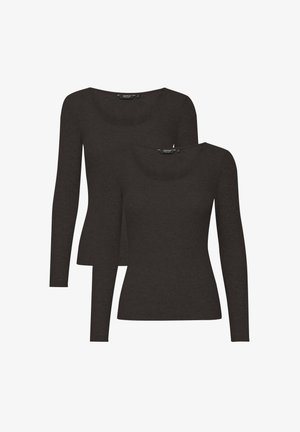 Two long-sleeve tops in dark gray. Smooth texture, scoop neckline, fitted design. Made from soft fabric, no visible patterns or accents.