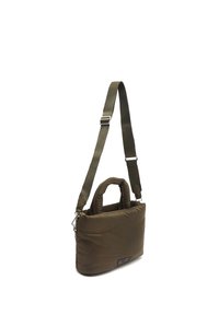 Olive green padded bag with adjustable shoulder strap and double top handles; features a smooth texture and logo detail on the front.