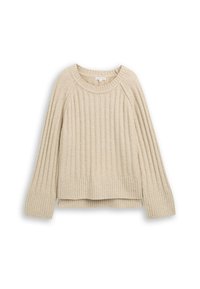 Beige ribbeltrui met een ronde hals, lange raglanmouwen en een iets cropped zoom. Gestructureerde stof met een zachte uitstraling.