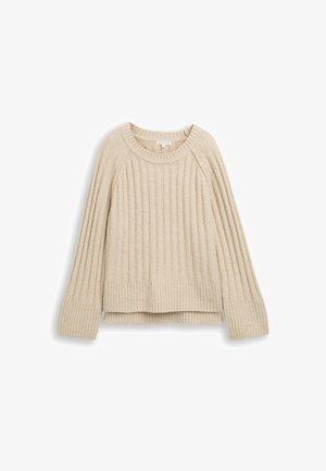 Béžový rebrovaný sveter s okrúhlym výstrihom, dlhými raglánovými rukávmi a mierne skráteným lemom. Texturovaná tkanina s jemným vzhľadom.