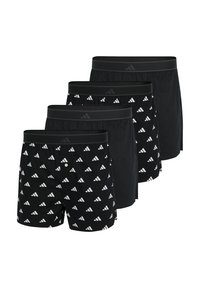 Svarta boxershorts med ett triangulärt vitt mönster, mjukt bomullsmaterial, elastisk midjeresår och en knappstängning på ett par.
