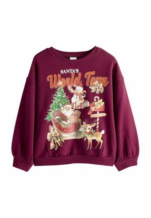 Marlowe-farbener Pullover mit einem Feiertagsmotiv, das Santa, einen Schneemann, einen Weihnachtsbaum und Rehe zeigt. Lange Ärmel mit gerippten Bündchen.
