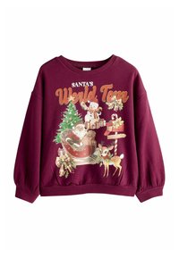 Sweatshirt de couleur marlowe avec un graphique de vacances représentant un père Noël, un bonhomme de neige, un sapin de Noël et des cerfs. Manches longues avec bords-côtes.