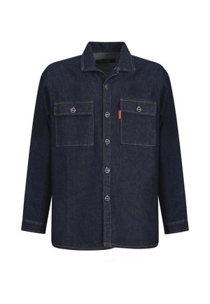Tmavě modrá džínová košile s dlouhými rukávy, dvěma kapsami na prsou, stříbrnými knoflíky a dvojitým prošíváním. Klasický límec.