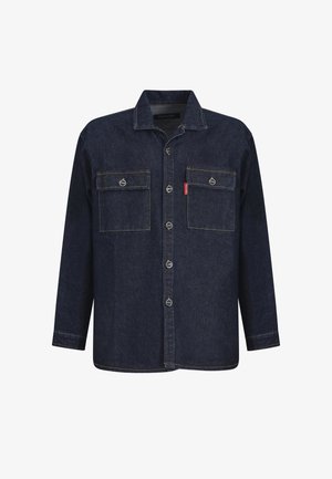 Tmavě modrá džínová košile s dlouhými rukávy, dvěma kapsami na prsou, stříbrnými knoflíky a dvojitým prošíváním. Klasický límec.