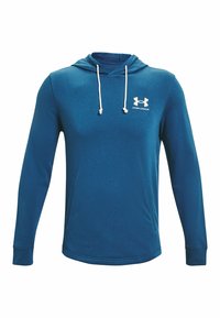Felpa con cappuccio blu a maniche lunghe realizzata in tessuto morbido, con tasca frontale, cappuccio regolabile con cordino e logo Under Armour bianco sul petto.