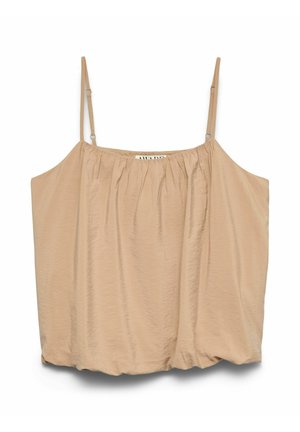Top sin mangas beige con finas tiras ajustables, escote fruncido y tejido suelto, ligeramente arrugado para un ajuste informal.