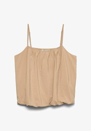 Top sin mangas beige con finas tiras ajustables, escote fruncido y tejido suelto, ligeramente arrugado para un ajuste informal.